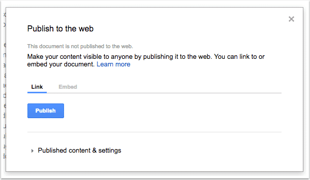 Using the Publish to web tab in Google Docs