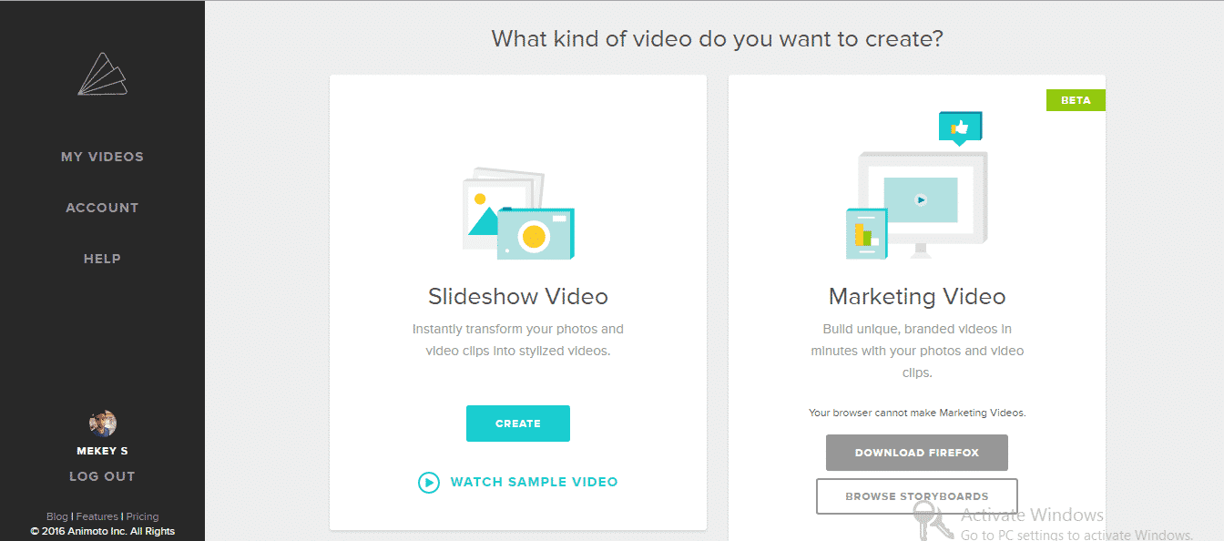 Choosing an Animoto video to create