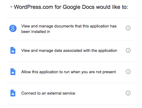 Permissions for Google Docs to connect to WordPress.com