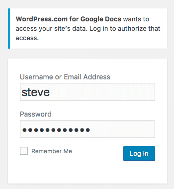 Google Docs WordPress login authentication screen