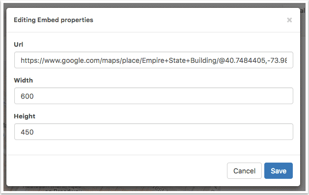Settings for a Google Maps embed in WordPress