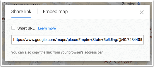 The URL to share a Google Map