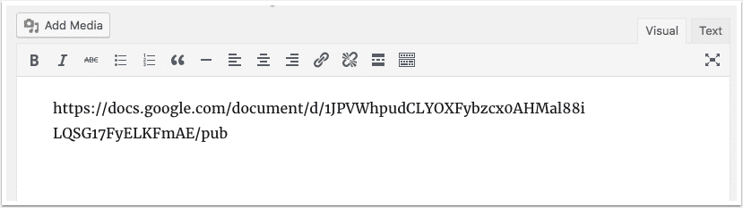 A Google Forms URL in the WordPress editor