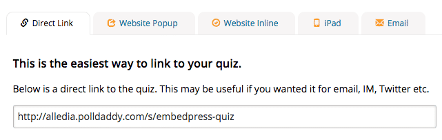 The embed URL for a PollDaddy quiz