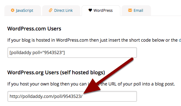 The embed URL for a WordPress poll