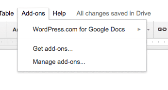 The Add-ons tab to connect Google Docs to WordPress.com