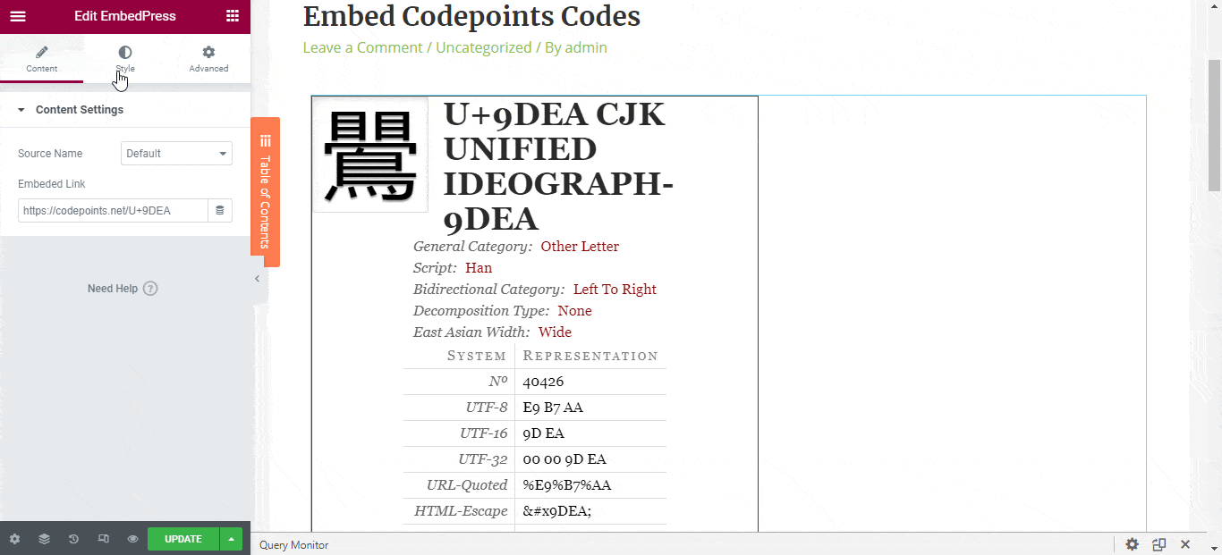 embed Codepoint codes