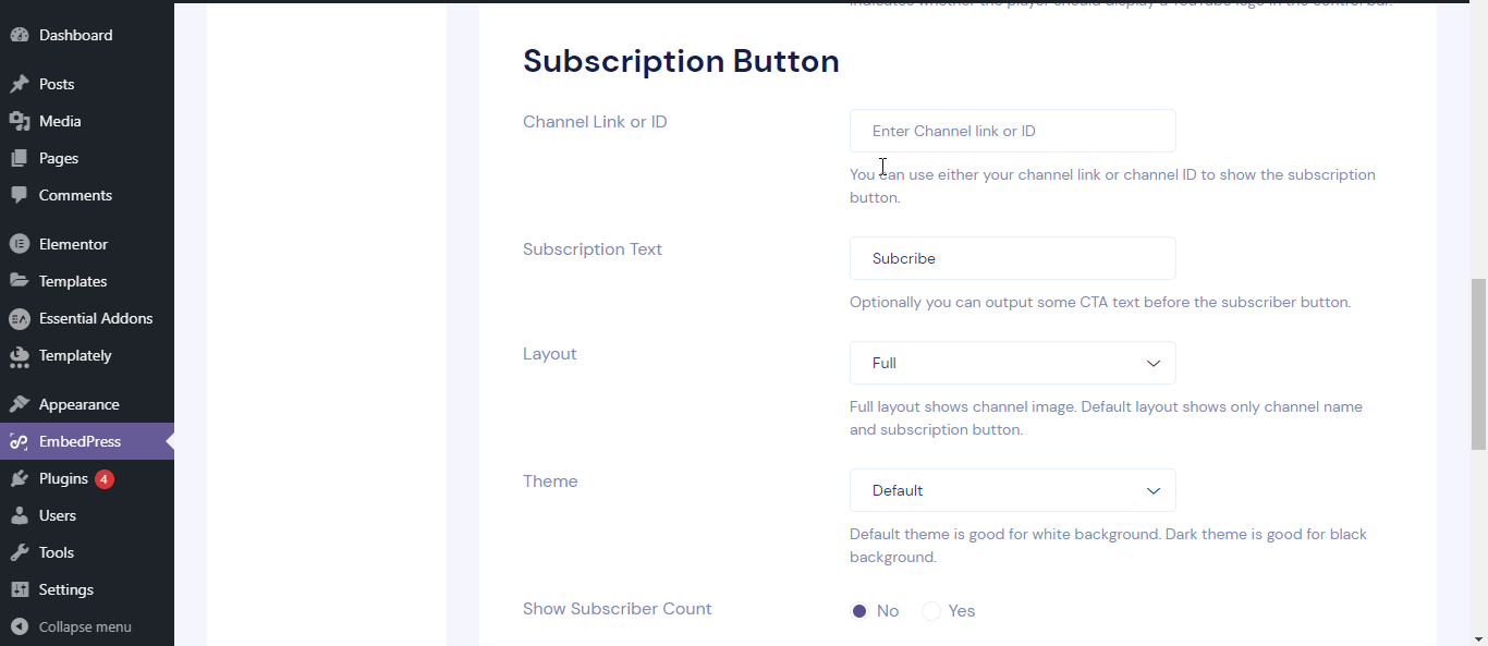 embed YouTube subscriber button