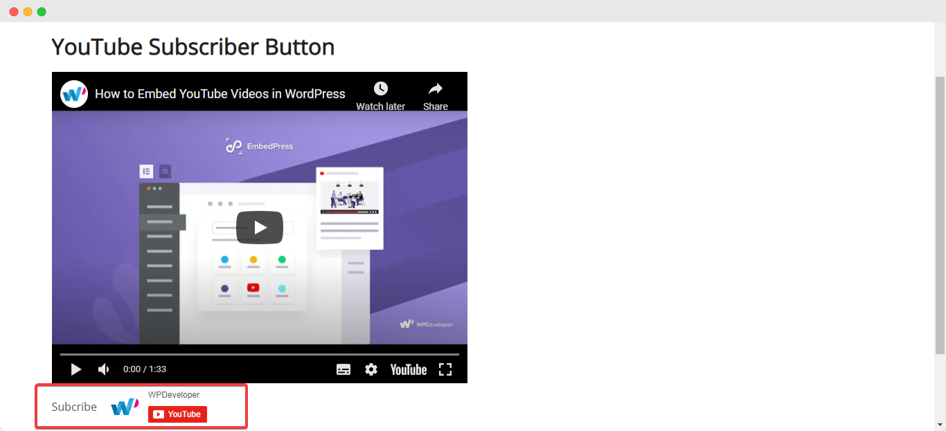 embed YouTube subscriber button