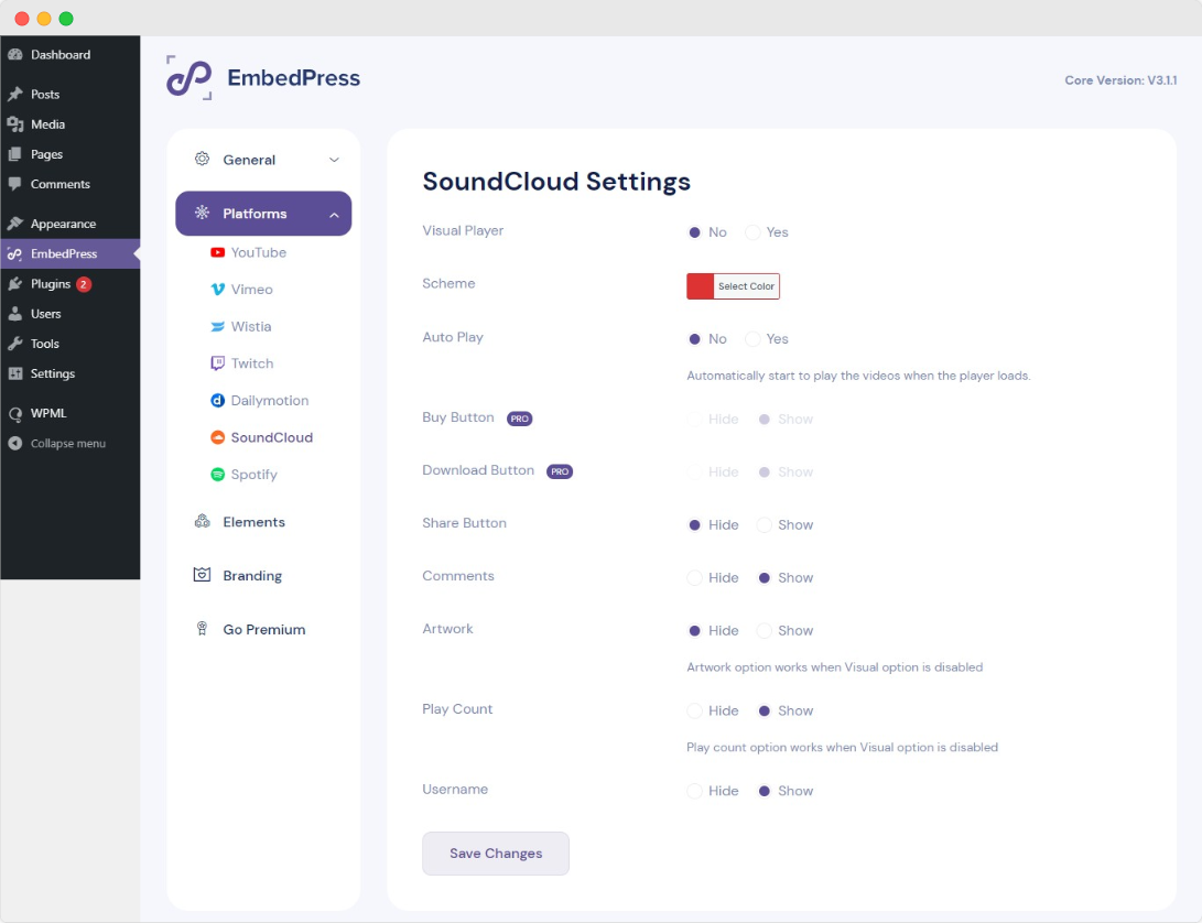 configure settings for SoundCloud audio embed