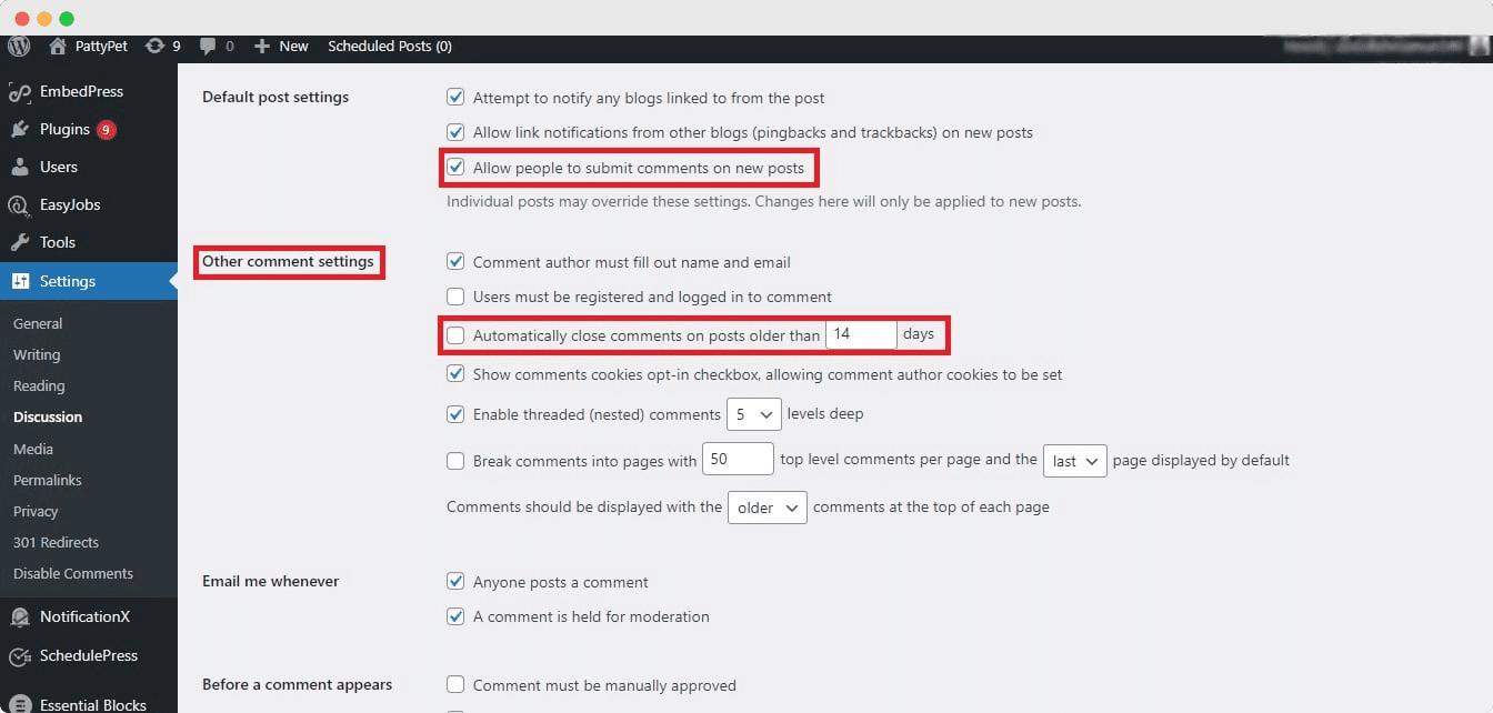 disable WordPress comments