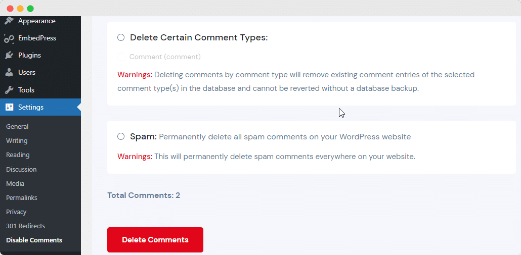 disable WordPress comments