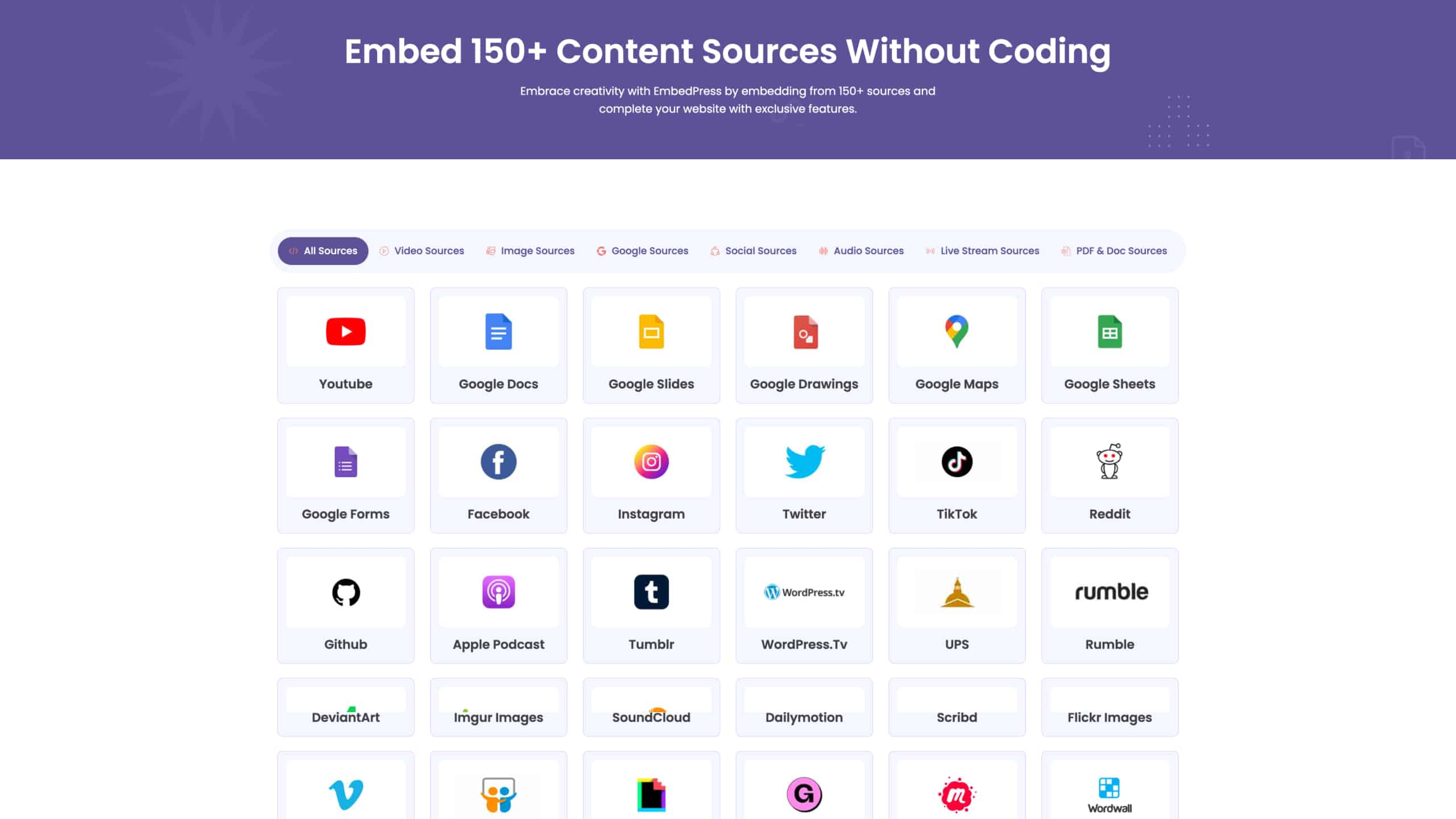 Sources 1 EmbedPress 150+ sources