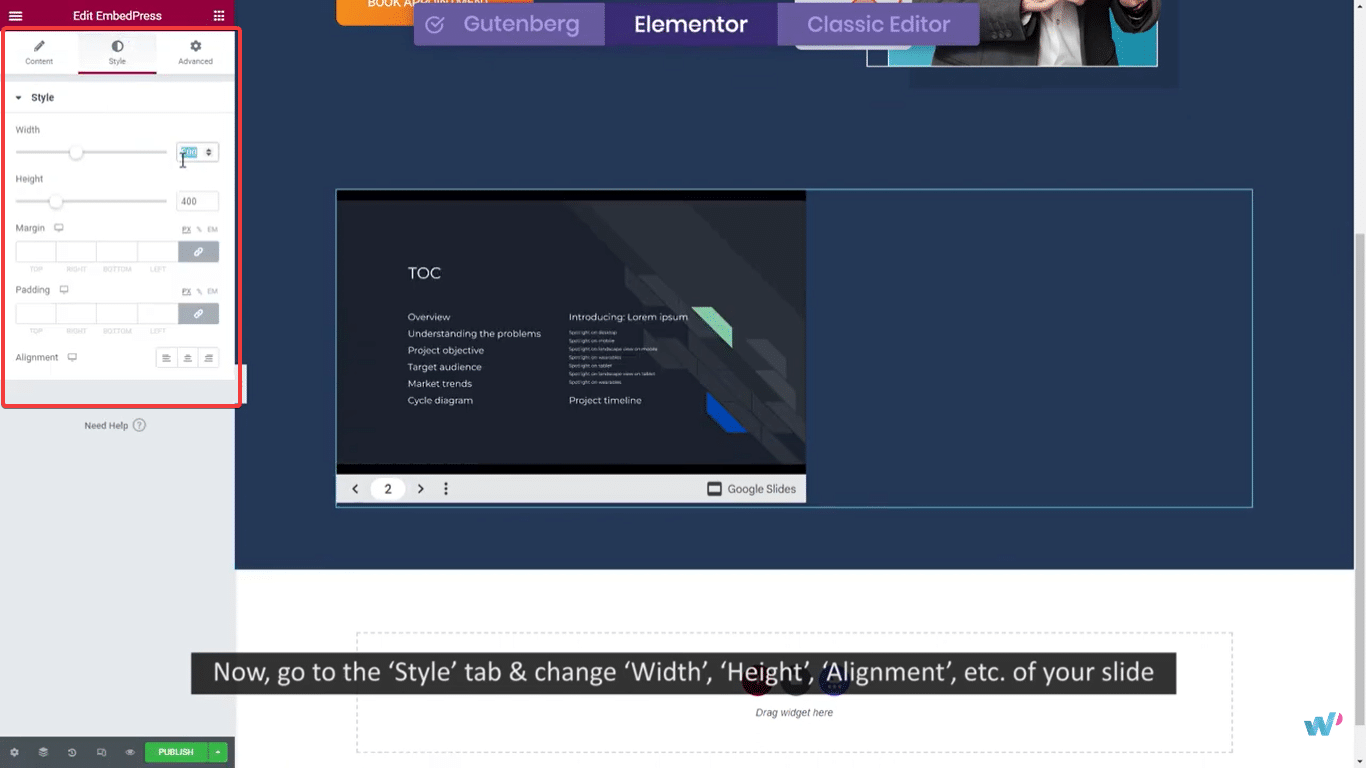 customize your presentation on elementor after embedding