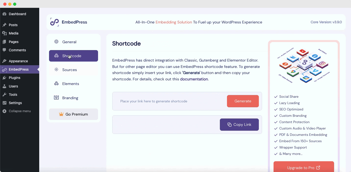 EmbedPress Shortcode feature