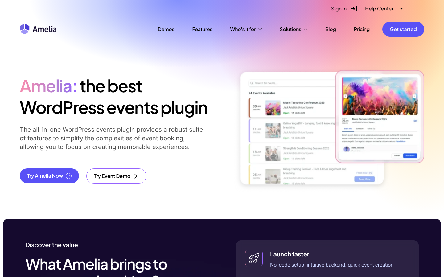 Amelia events page hero “Amelia: the best WordPress events plugin” with an event list and an event booking popup mockup