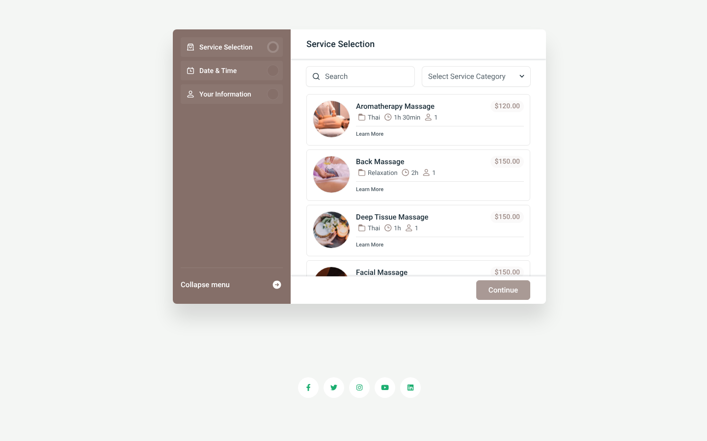 Amelia step-by-step booking form on the massage demo site, Service Selection step listing Aromatherapy Massage at $120 and Back and Deep Tissue Massage at $150
