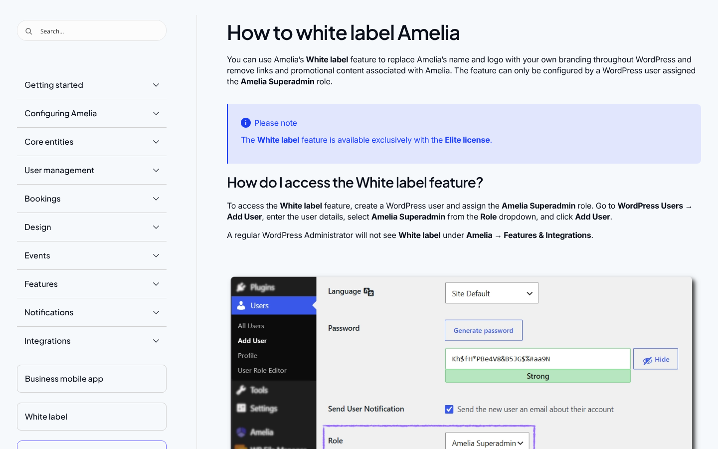 Amelia documentation “How to white label Amelia” stating the white label feature is available only with the Elite license, with a WordPress Add User screenshot