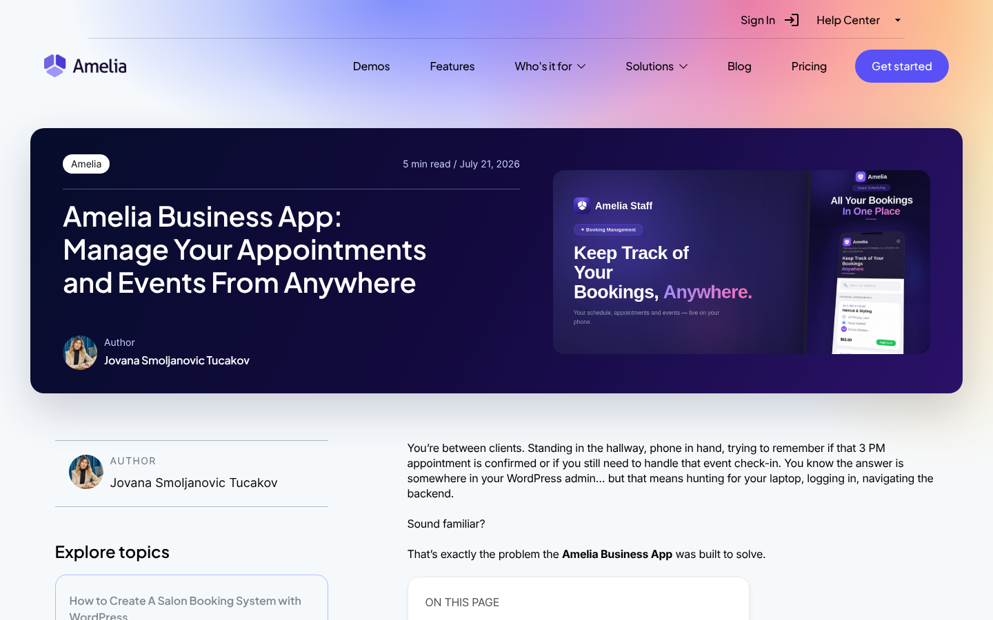 Amelia blog hero “Amelia Business App: Manage Your Appointments and Events From Anywhere” dated July 21, 2026, with a phone mockup reading “Keep Track of Your Bookings, Anywhere”