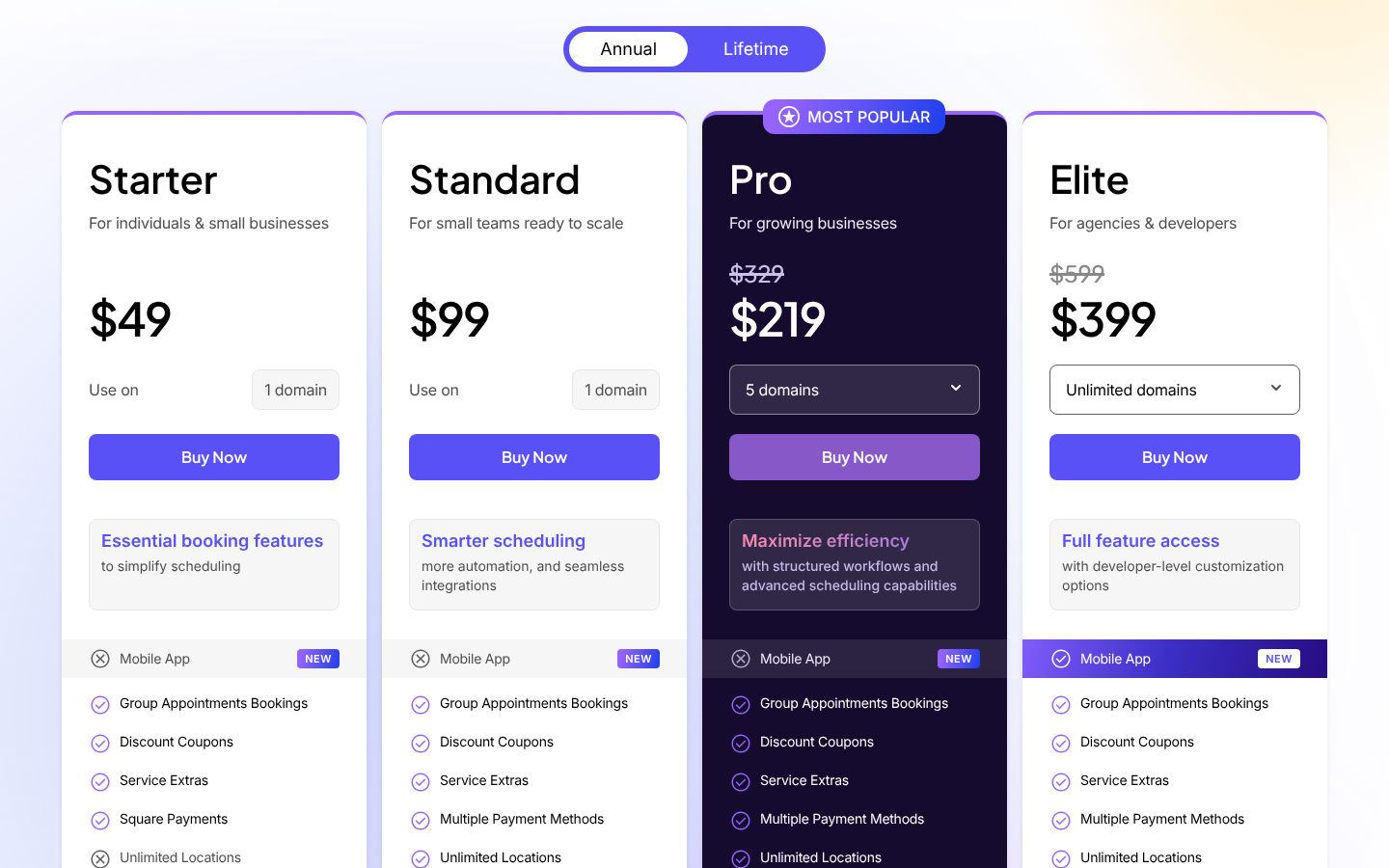 Amelia annual pricing cards: Starter $49 and Standard $99 for one domain, Pro $219 (was $329) for five domains, Elite $399 (was $599) for unlimited domains; Mobile App marked new and included only on Elite