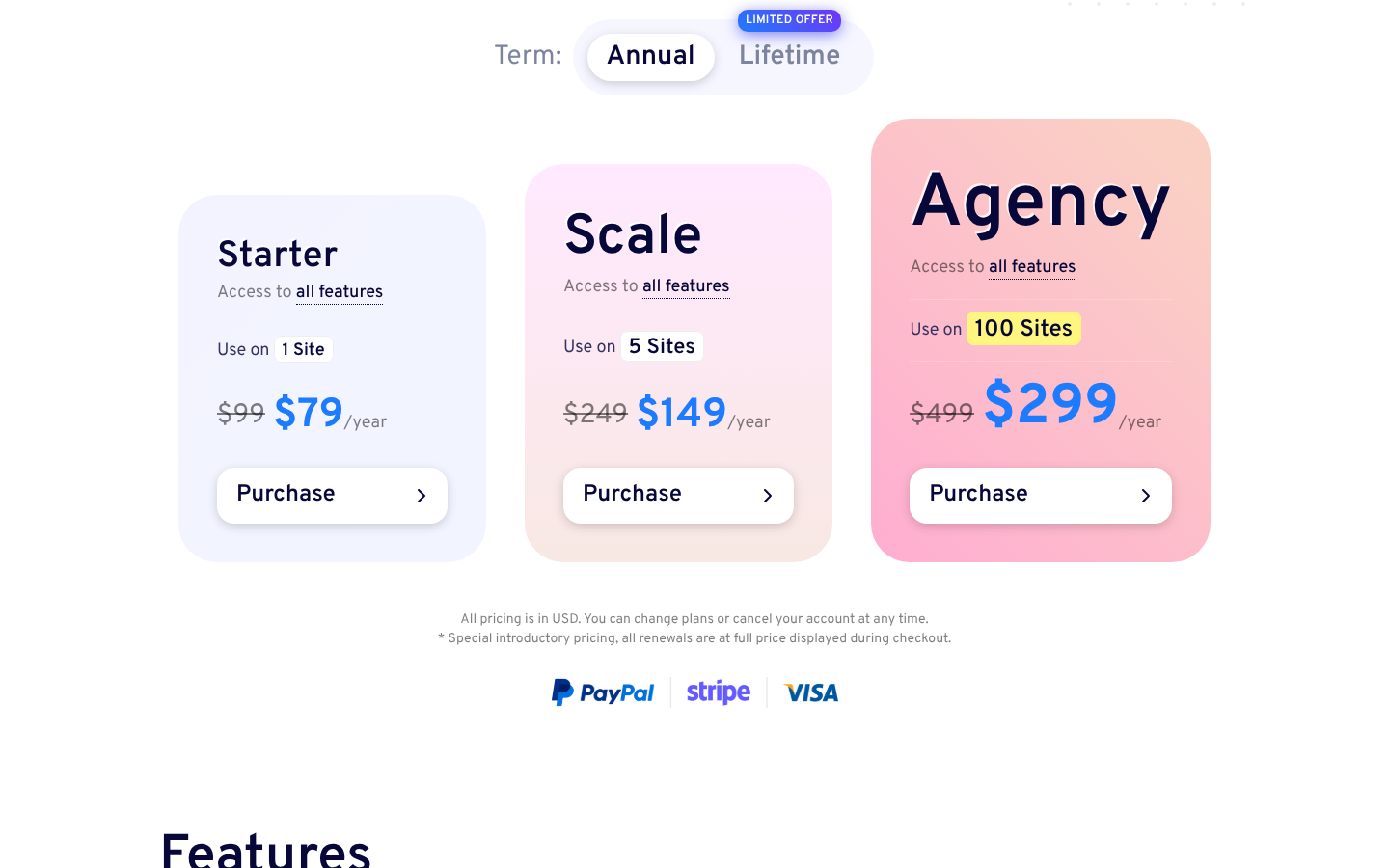 LatePoint annual pricing page: Starter $79 (was $99) for 1 site, Scale $149 (was $249) for 5 sites, Agency $299 (was $499) for 100 sites, all features included
