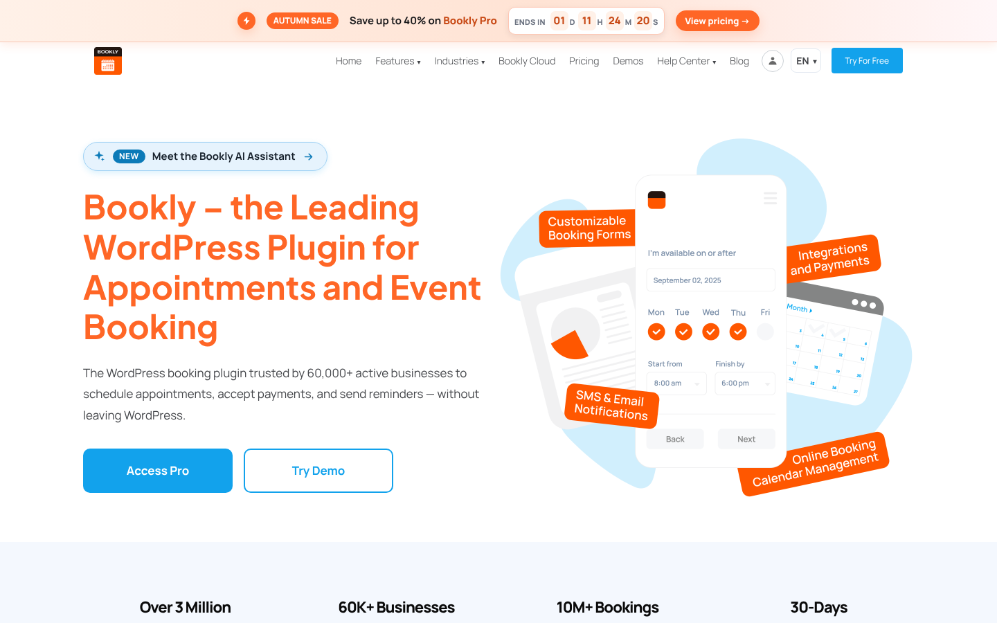 Bookly homepage headline “Bookly – the Leading WordPress Plugin for Appointments and Event Booking” with “60,000+ active businesses” and a “Meet the Bookly AI Assistant” badge