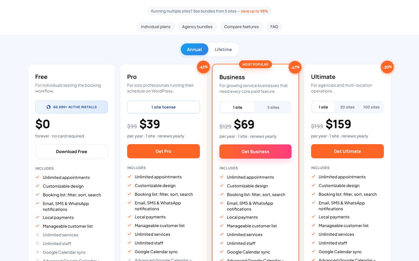 Bookly annual pricing: Free $0, Pro $39 (was $99), Business $69 (was $129, Most Popular), Ultimate $159 (was $199), each with an included-features list