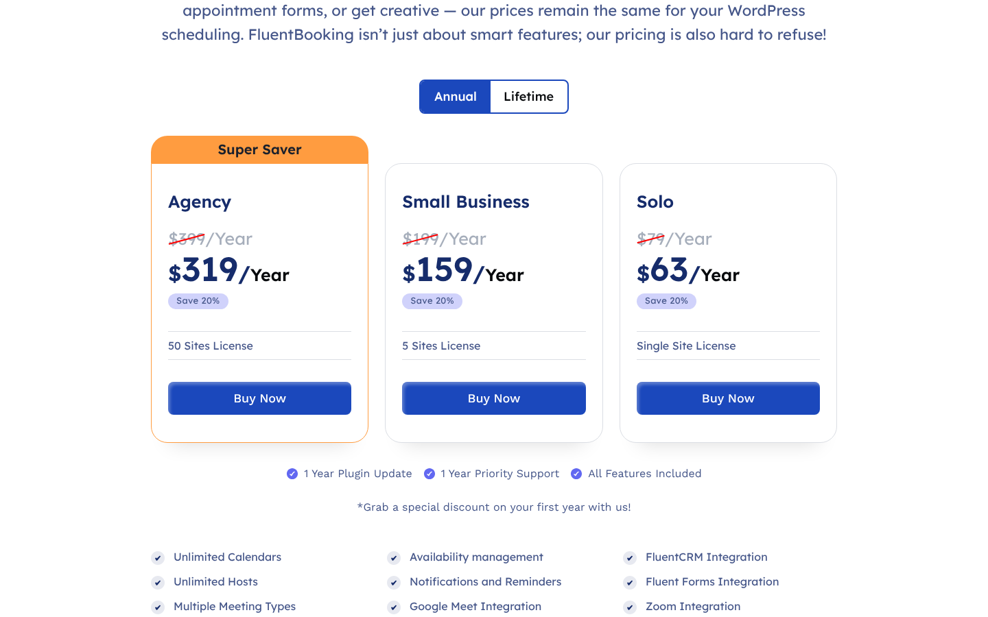 FluentBooking annual pricing: Agency $319/yr for 50 sites, Small Business $159/yr for 5 sites, Solo $63/yr for 1 site, each marked “Save 20%”