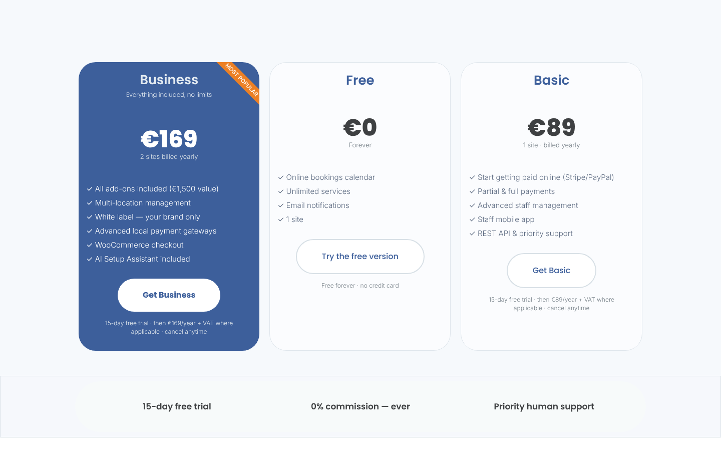 Salon Booking System pricing cards: Business €169/yr for 2 sites (Most Popular, includes white label and AI Setup Assistant), Free €0 and Basic €89/yr