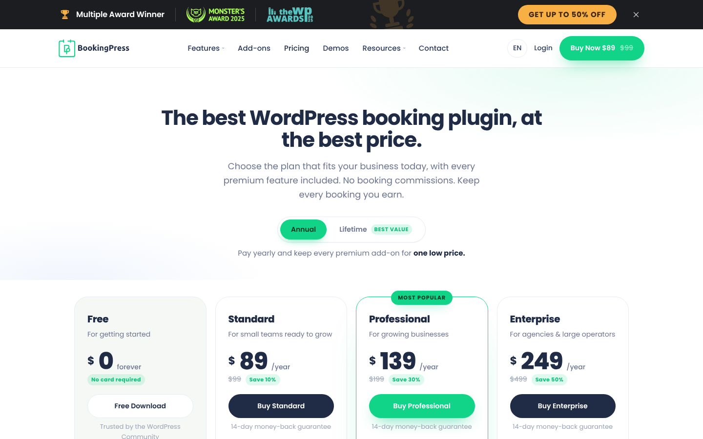 BookingPress pricing page “The best WordPress booking plugin, at the best price” showing Free $0, Standard $89/yr, Professional $139/yr (Most Popular) and Enterprise $249/yr