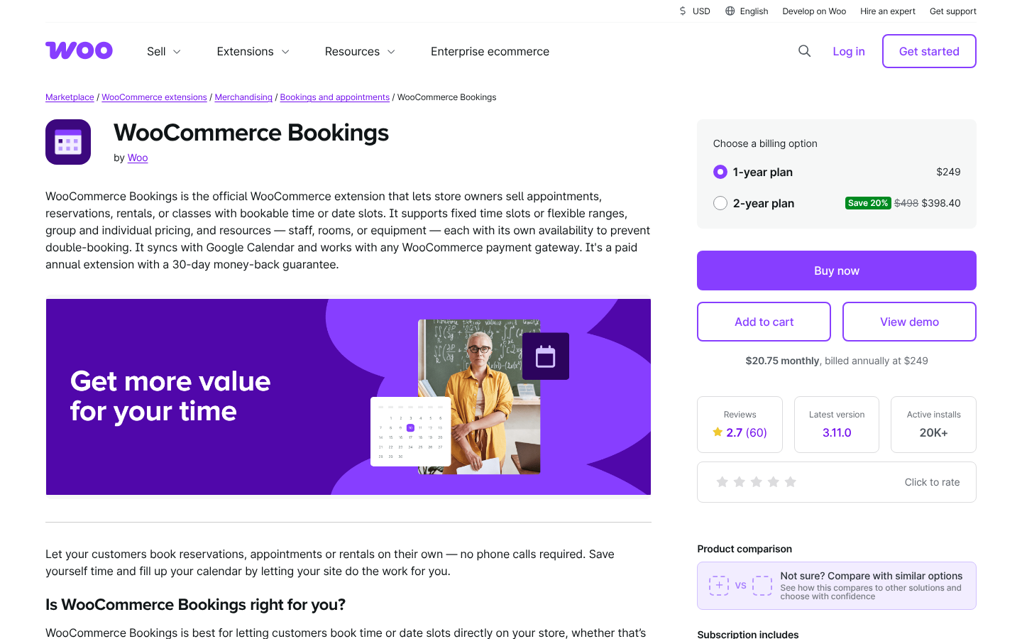 WooCommerce Bookings product page showing $249 for a one-year plan or $398.40 for two years, a 2.7-star rating from 60 reviews, 20K+ active installs and version 3.11.0