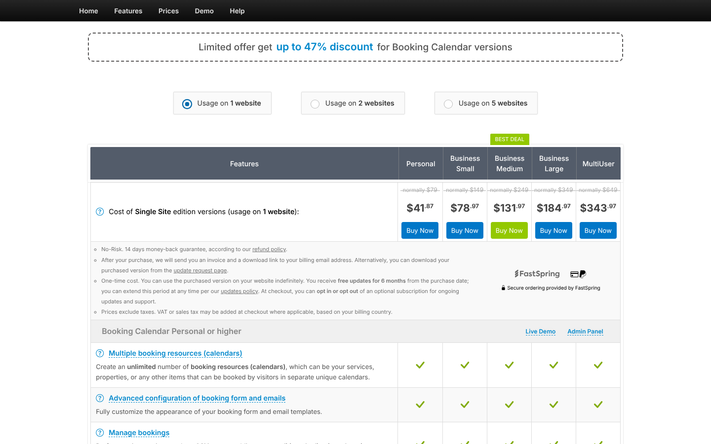 WP Booking Calendar single-site price table: Personal $41.87, Business Small $78.97, Business Medium $131.97 (Best Deal), Business Large $184.97 and MultiUser $343.97, up to 47% off