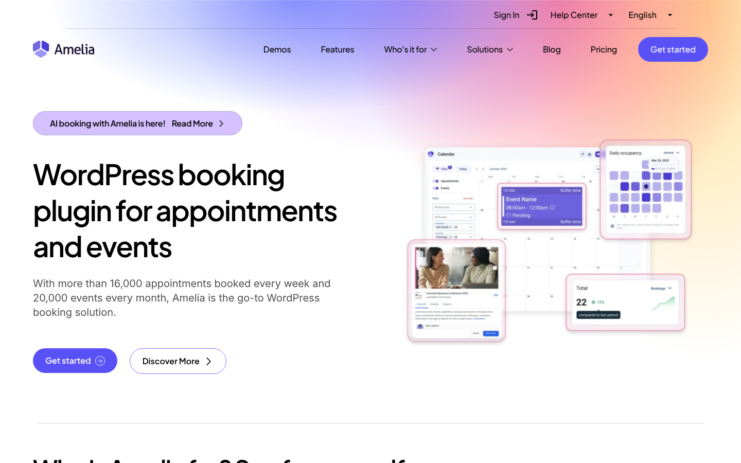 Amelia homepage hero reading “WordPress booking plugin for appointments and events” with a calendar dashboard mockup and an “AI booking with Amelia is here!” badge