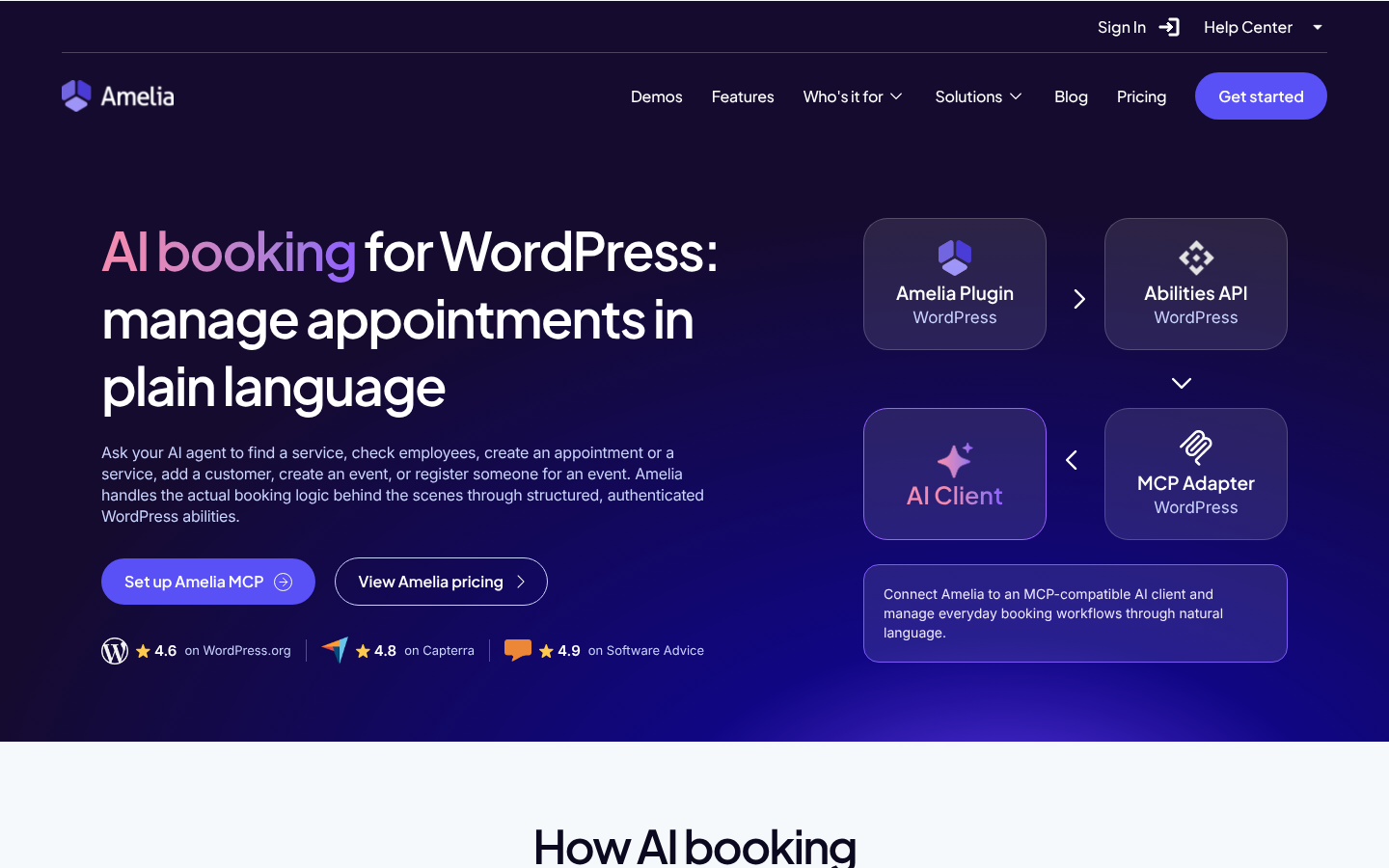 Amelia AI booking page headline “AI booking for WordPress: manage appointments in plain language” with a diagram linking Amelia Plugin, Abilities API, MCP Adapter and AI Client
