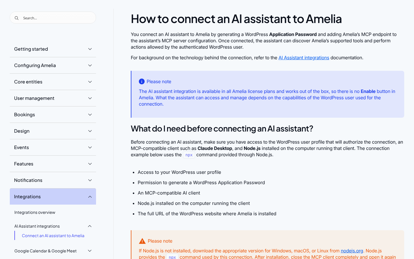 Amelia documentation page “How to connect an AI assistant to Amelia” noting the MCP integration works in all license plans and listing Claude Desktop and Node.js requirements