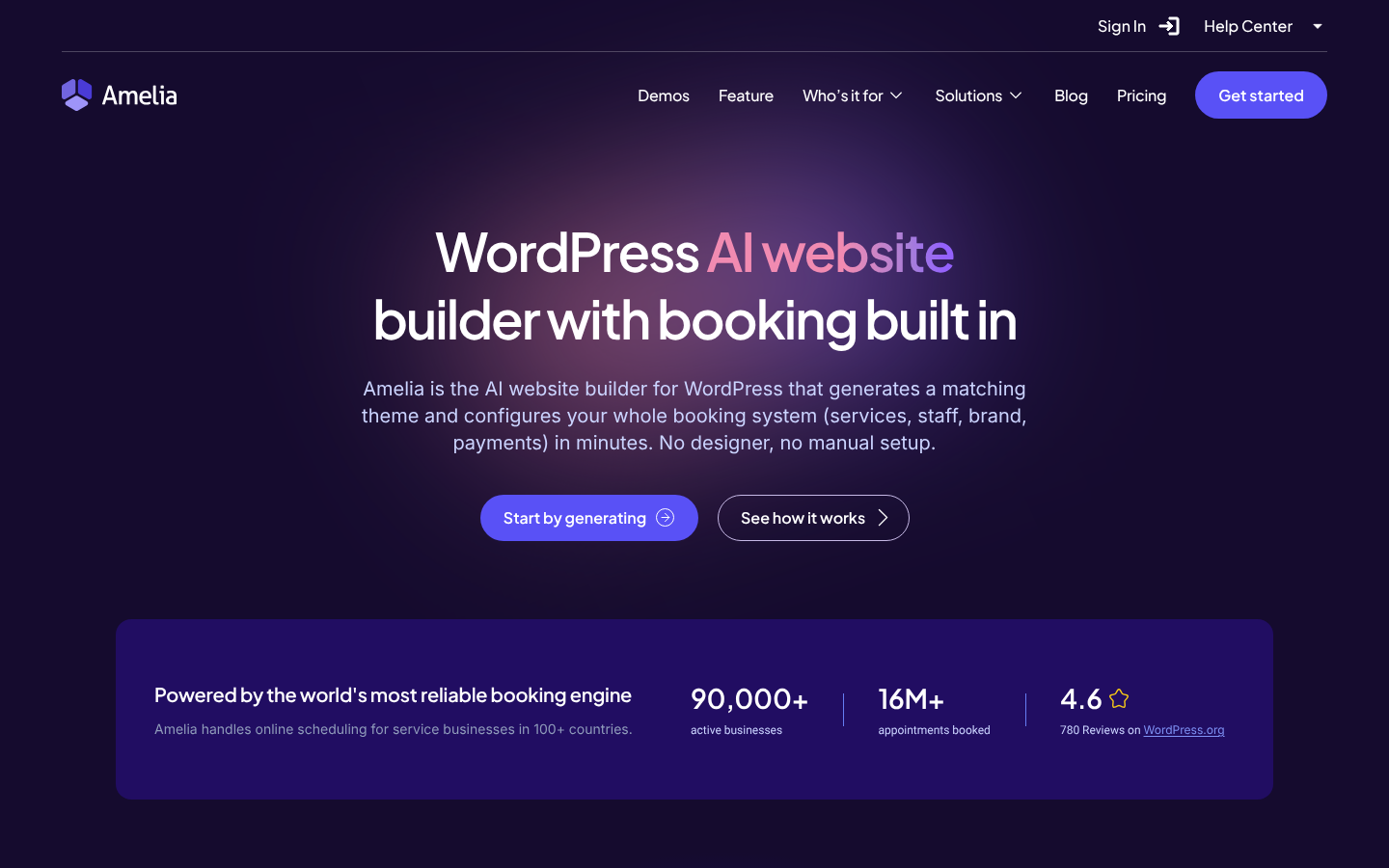 Amelia AI website builder hero “WordPress AI website builder with booking built in” showing 90,000+ businesses, 16M+ appointments booked and a 4.6 rating