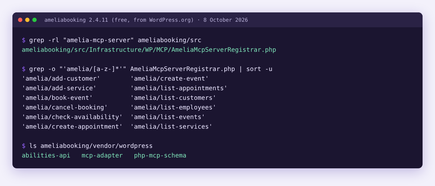 Terminal output from the free Amelia Lite 2.4.11 plugin showing the amelia-mcp-server registrar file, its 12 registered abilities and the bundled abilities-api and mcp-adapter packages